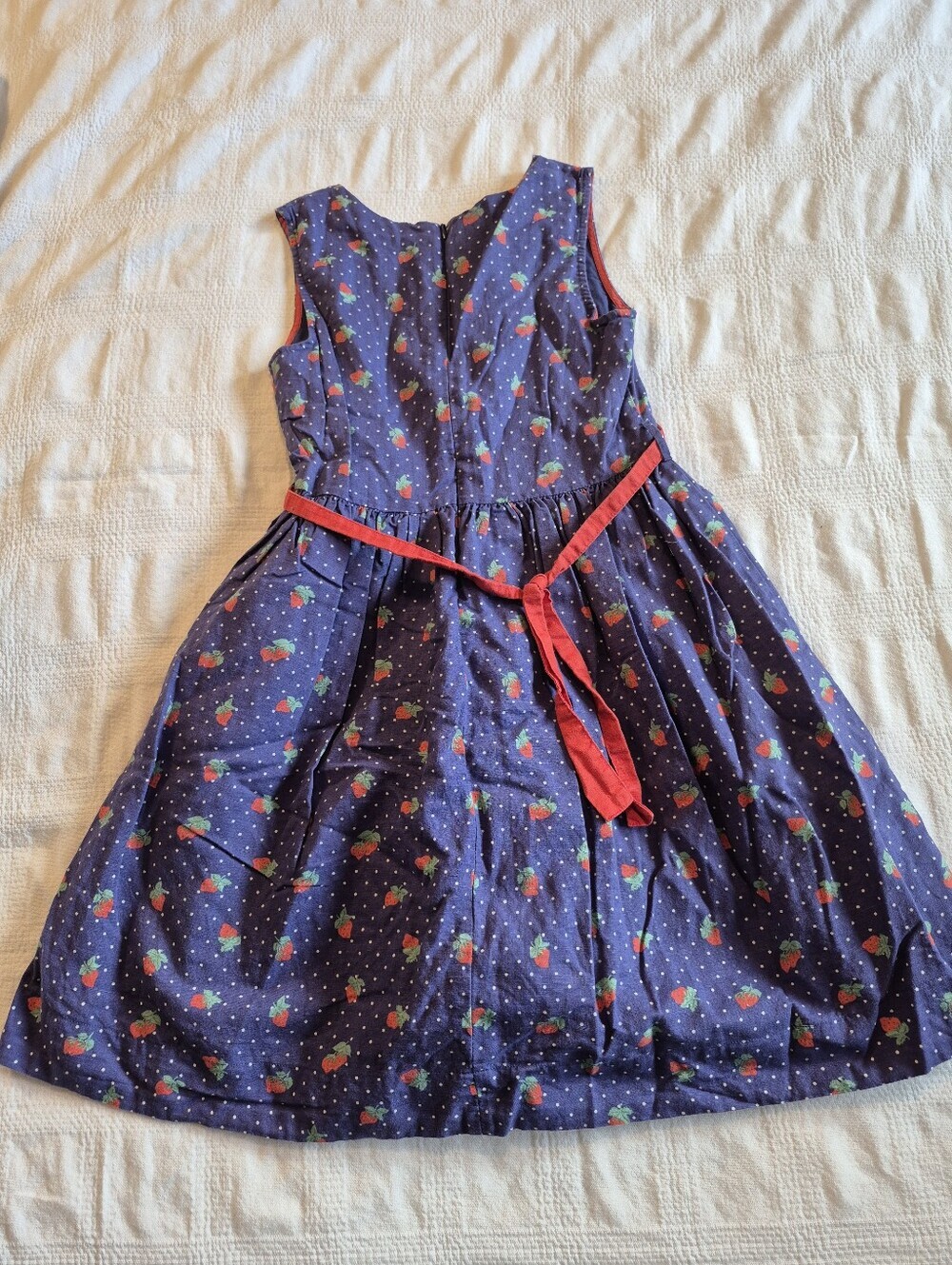Mini Boden girls size 11-12 yrs blue dress with strawberry print red belt VVGUC - Picture 2 of 8
